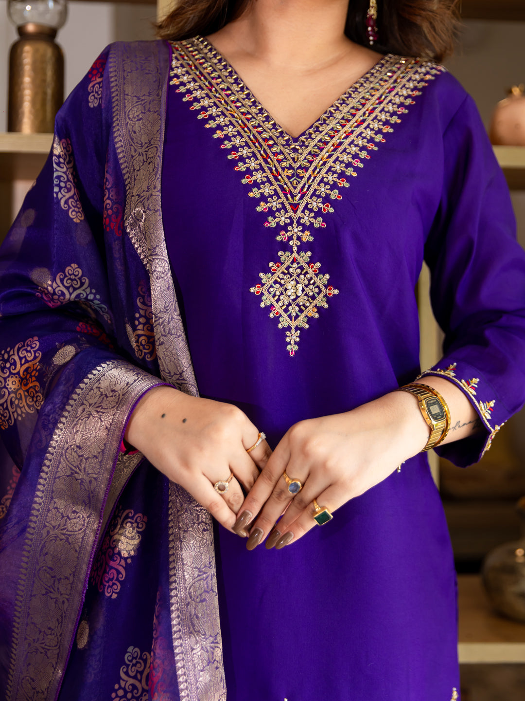 Lavanya Elegant Silk Blend Kurta Set with Beaded Embroidered Design & Organza Dupatta - FitVibe Fashion