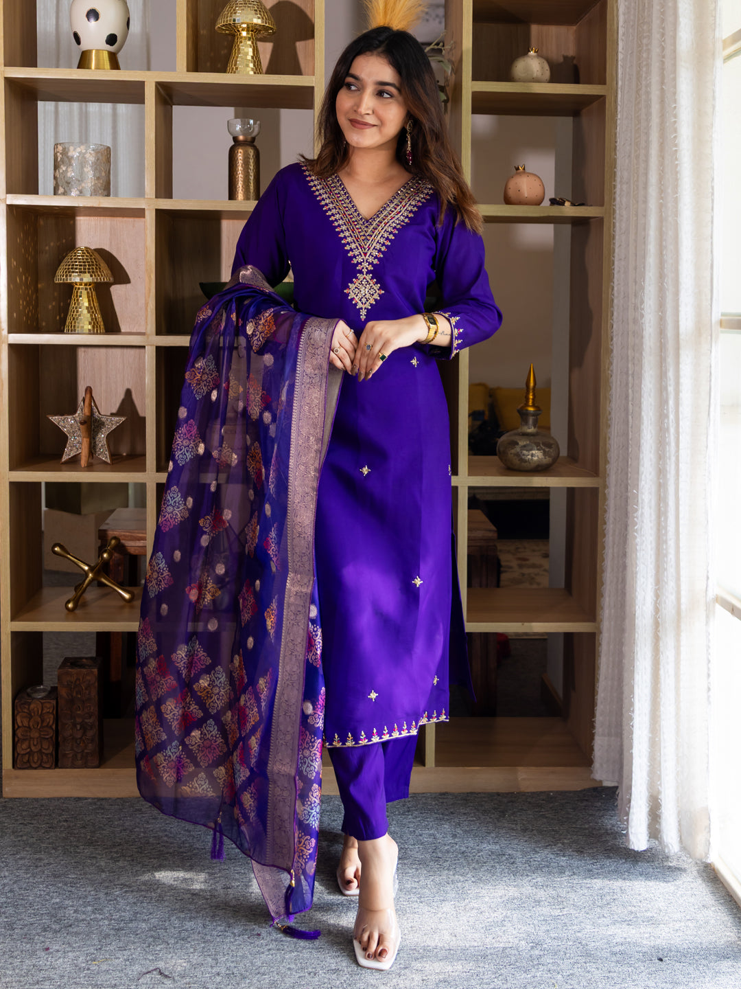 Lavanya Elegant Silk Blend Kurta Set with Beaded Embroidered Design & Organza Dupatta - FitVibe Fashion