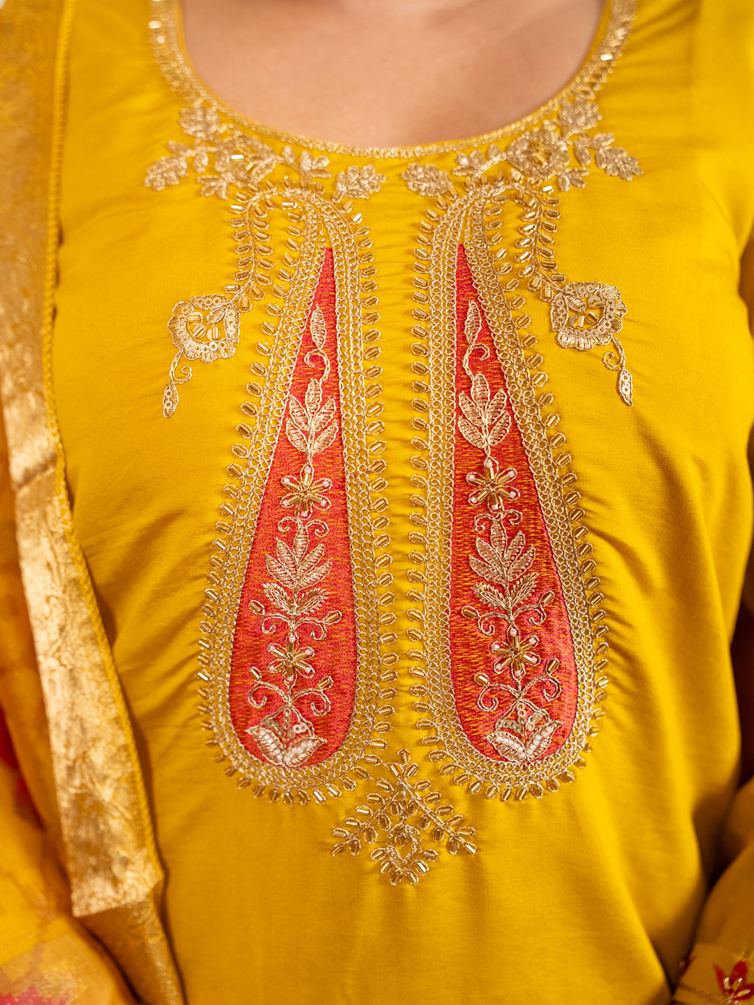 Lavanya Yellow Silk Blend Kurta Set with Beaded Embroidered Design & Organza Dupatta - FitVibe Fashion