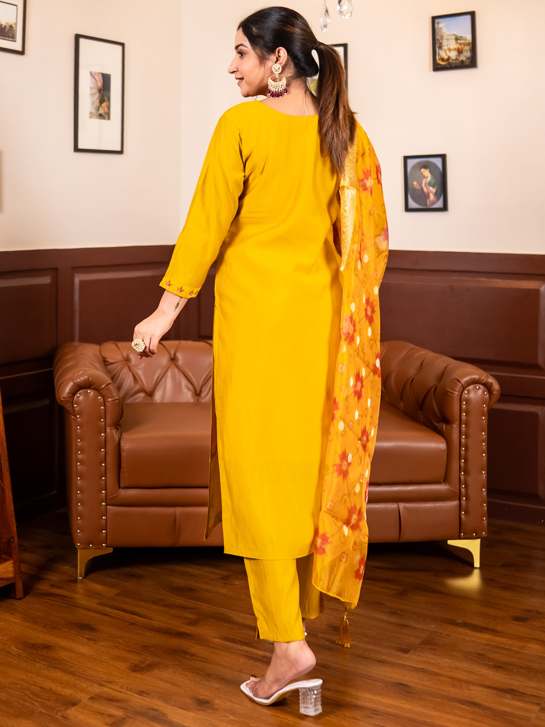 Lavanya Yellow Silk Blend Kurta Set with Beaded Embroidered Design & Organza Dupatta - FitVibe Fashion