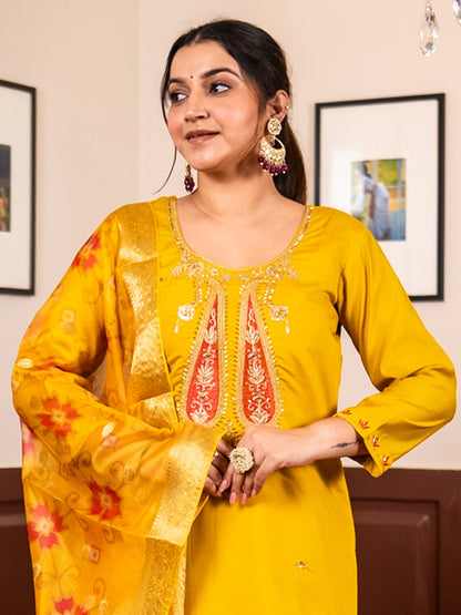 Lavanya Yellow Silk Blend Kurta Set with Beaded Embroidered Design & Organza Dupatta - FitVibe Fashion