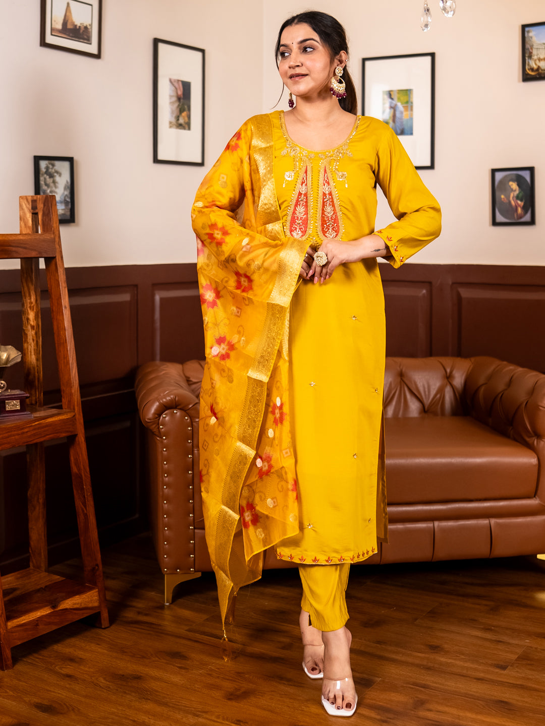 Lavanya Yellow Silk Blend Kurta Set with Beaded Embroidered Design & Organza Dupatta - FitVibe Fashion