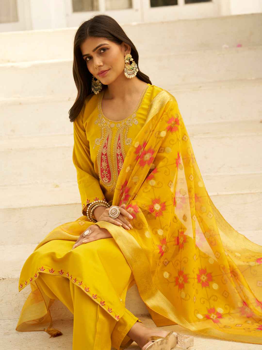 Aarohi Beads Embroidered Yellow Women Kurta Sets With Dupatta Straight Suits
