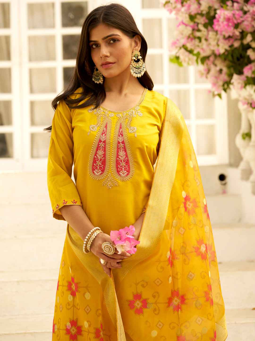 Aarohi Beads Embroidered Yellow Women Kurta Sets With Dupatta Straight Suits