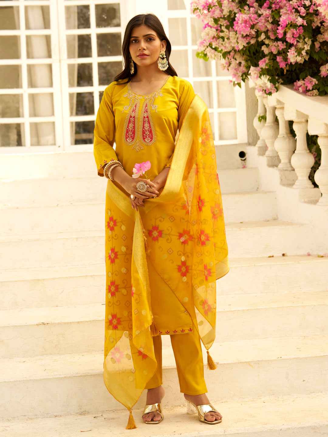 Aarohi Beads Embroidered Yellow Women Kurta Sets With Dupatta Straight Suits
