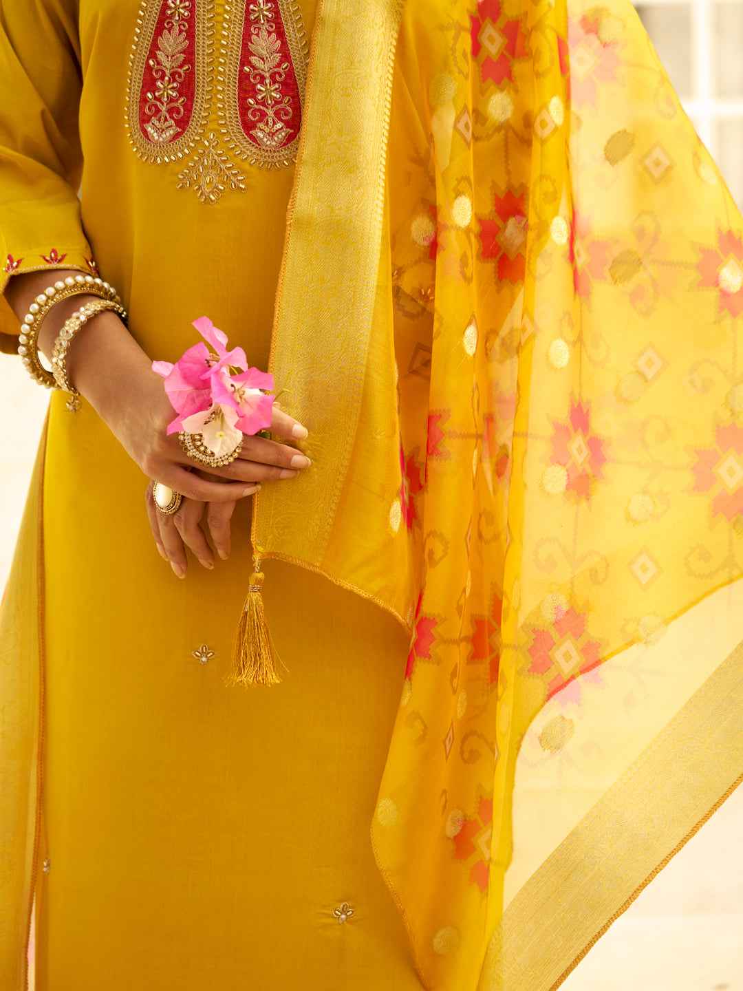 Aarohi Beads Embroidered Yellow Women Kurta Sets With Dupatta Straight Suits