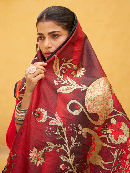 Sitara Red and Black Cotton Silk Blend Kurta Set With Jacquard Woven Meenakari Dupatta - FitVibe Fashion