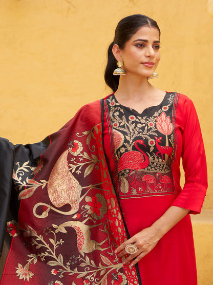 Sitara Red and Black Cotton Silk Blend Kurta Set With Jacquard Woven Meenakari Dupatta - FitVibe Fashion