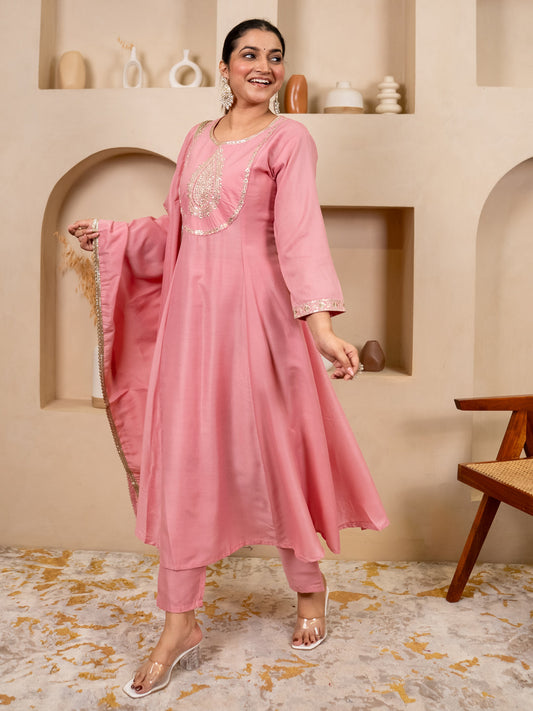 Mohar pink Anarkali Kurta and Pant Dupatta Set - FitVibe Fashion