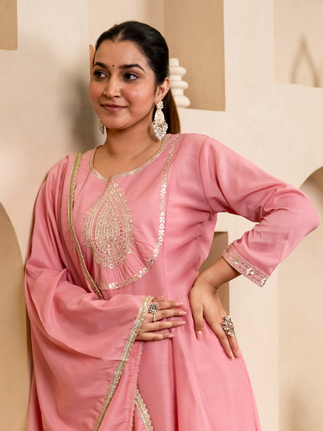 Mohar pink Anarkali Kurta and Pant Dupatta Set - FitVibe Fashion