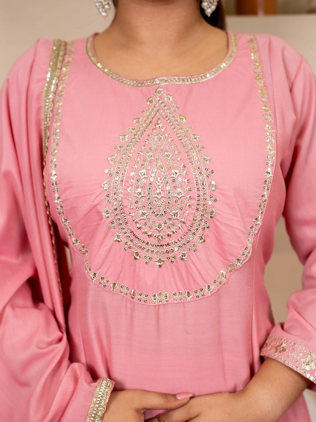 Mohar pink Anarkali Kurta and Pant Dupatta Set - FitVibe Fashion