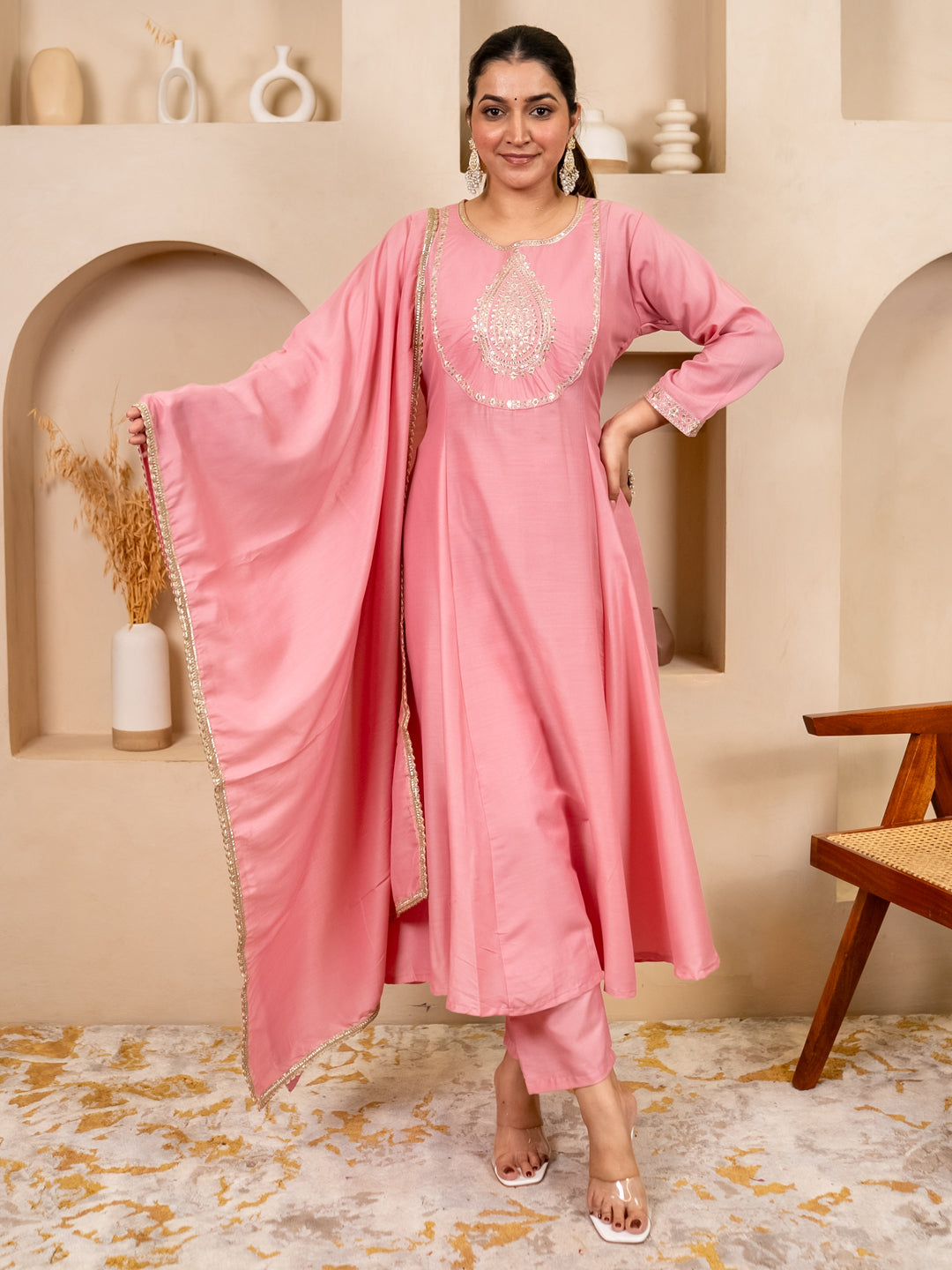 Mohar pink Anarkali Kurta and Pant Dupatta Set - FitVibe Fashion