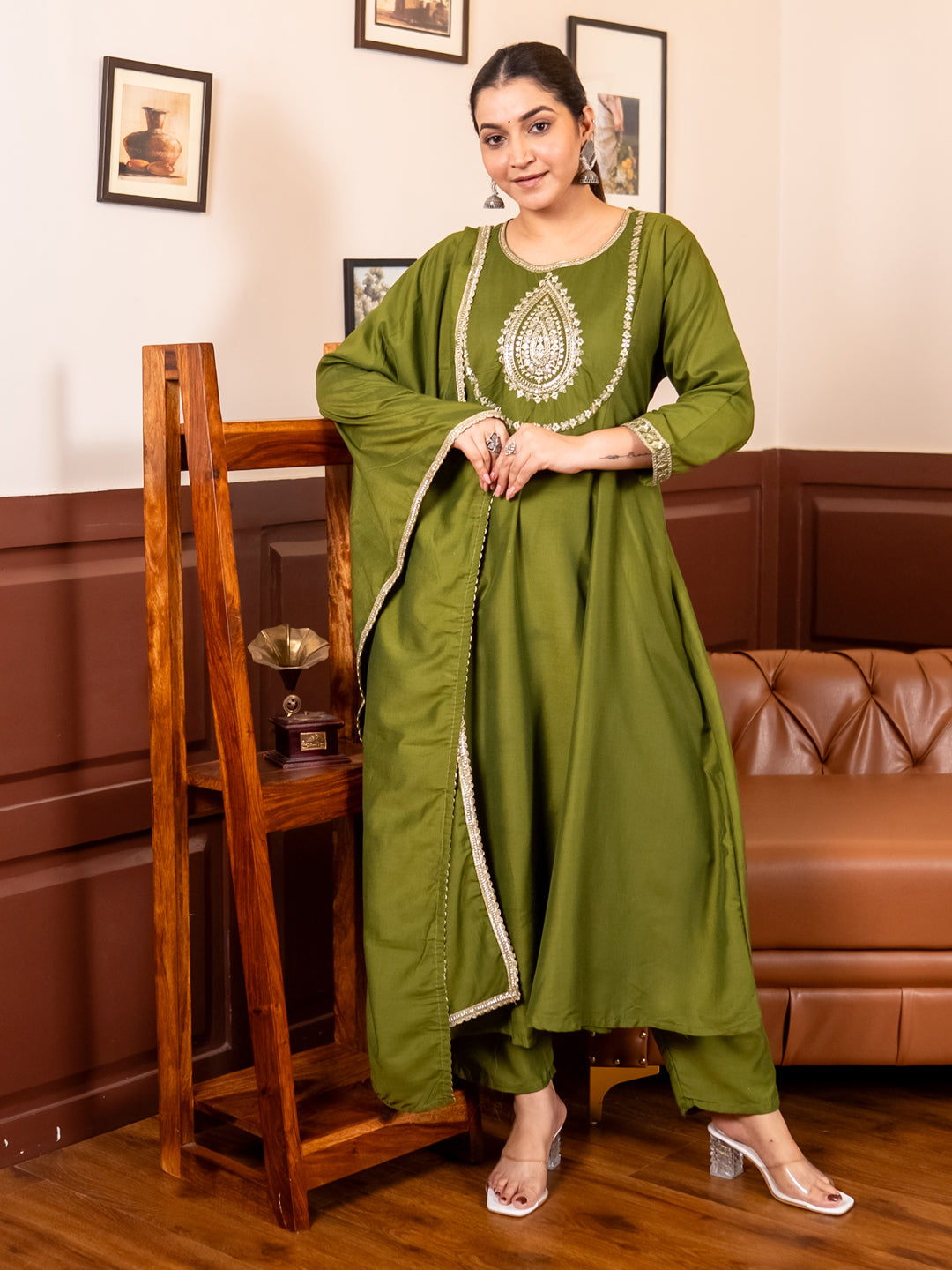 Mohar mehndi Anarkali Kurta and Pant Dupatta Set - FitVibe Fashion