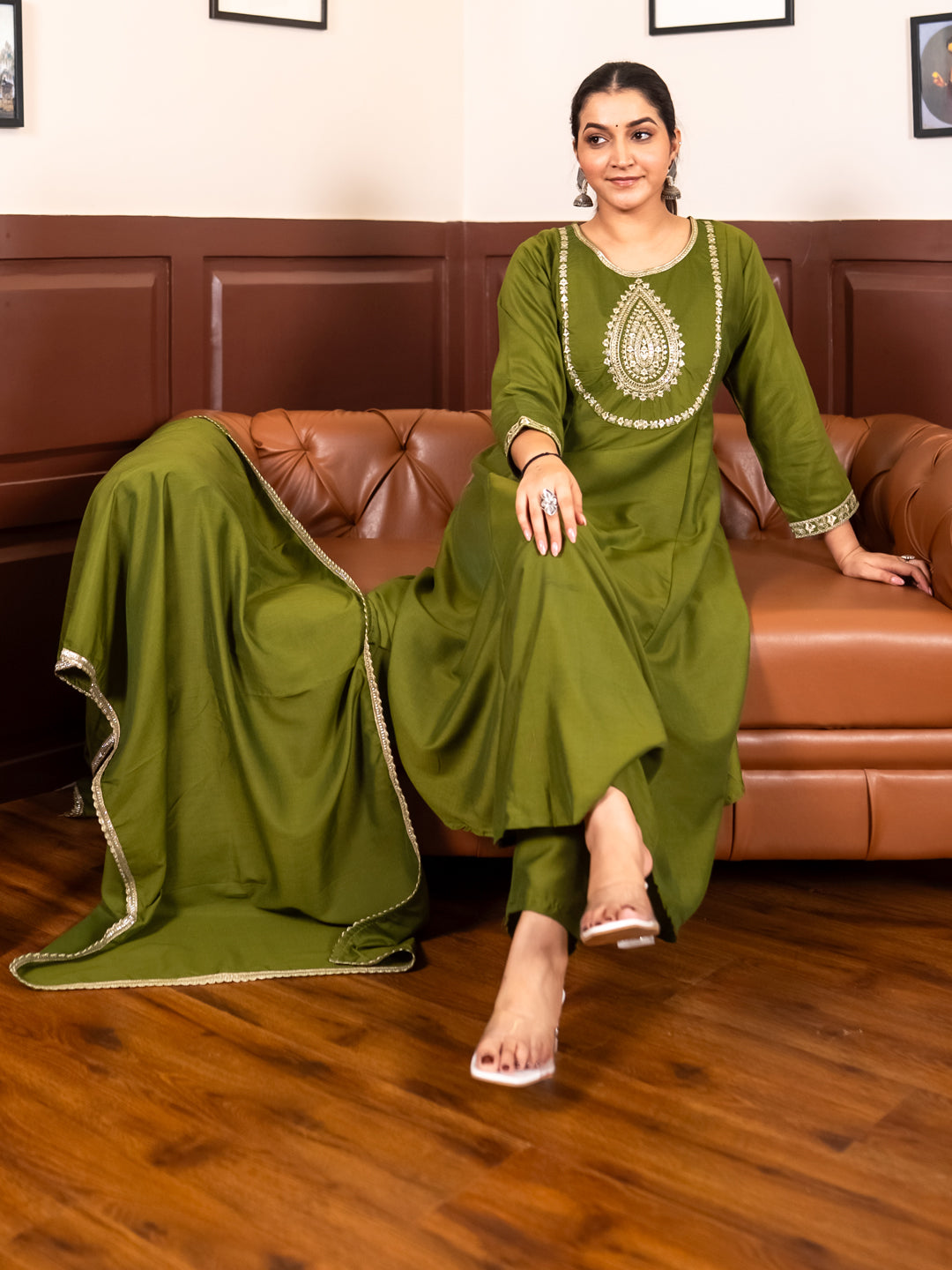 Mohar mehndi Anarkali Kurta and Pant Dupatta Set - FitVibe Fashion