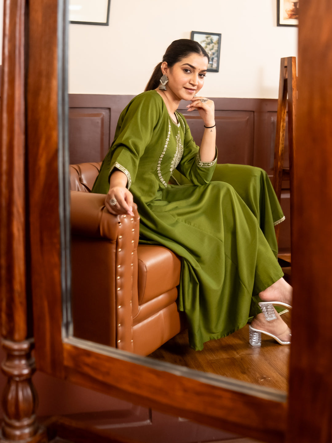 Mohar mehndi Anarkali Kurta and Pant Dupatta Set - FitVibe Fashion