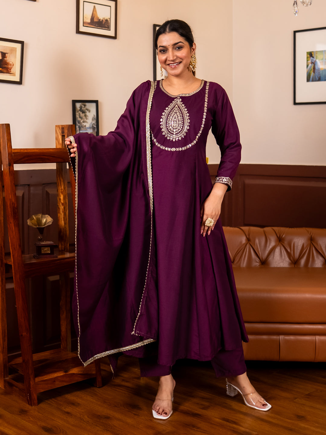 Mohar purple Anarkali Kurta and Pant Dupatta Set - FitVibe Fashion