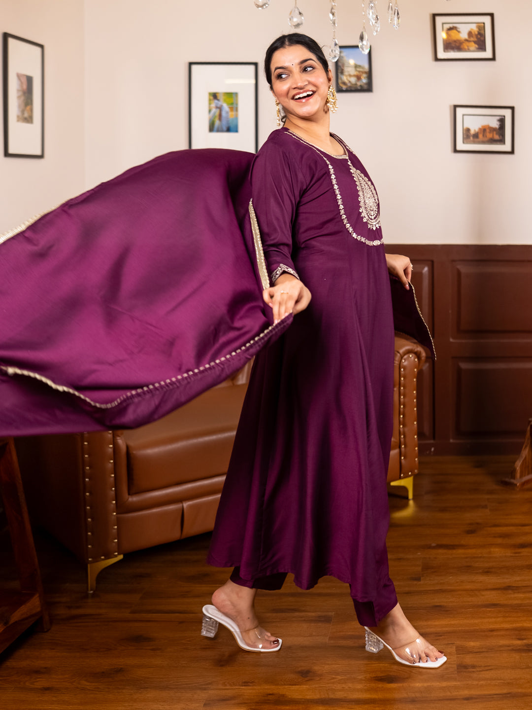 Mohar purple Anarkali Kurta and Pant Dupatta Set - FitVibe Fashion