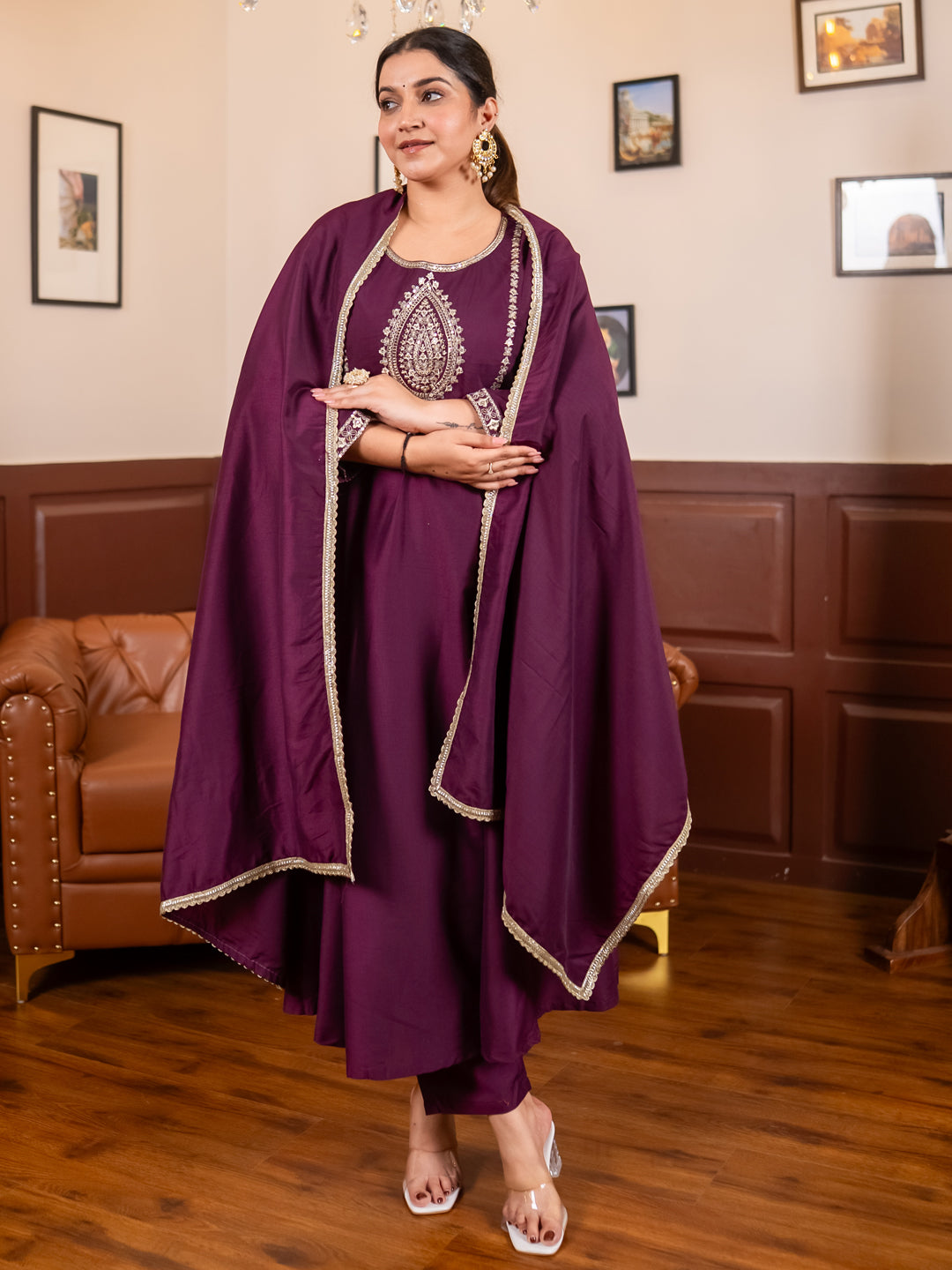 Mohar purple Anarkali Kurta and Pant Dupatta Set - FitVibe Fashion