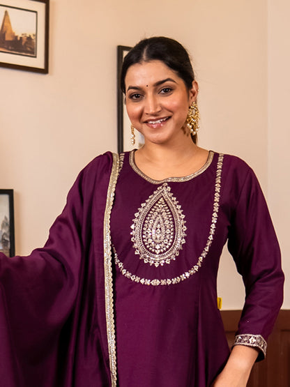 Mohar purple Anarkali Kurta and Pant Dupatta Set - FitVibe Fashion