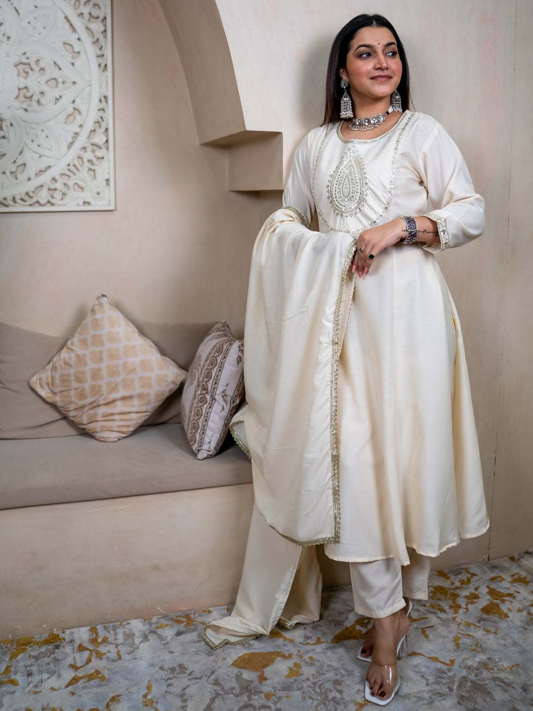 Mohar cream Anarkali Kurta and Pant Dupatta Set - FitVibe Fashion