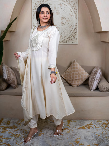 Mohar cream Anarkali Kurta and Pant Dupatta Set - FitVibe Fashion