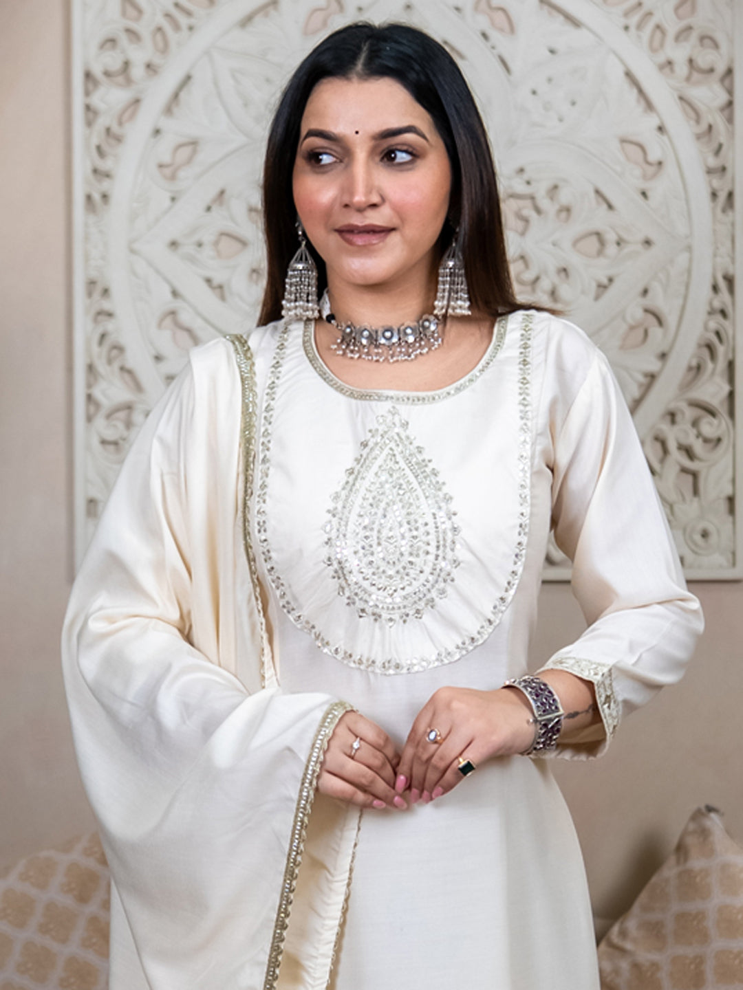 Mohar cream Anarkali Kurta and Pant Dupatta Set - FitVibe Fashion