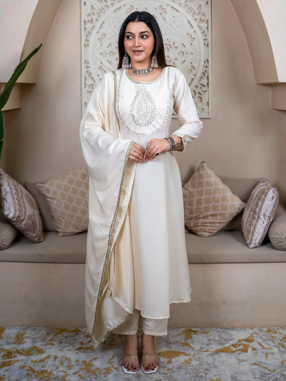 Mohar cream Anarkali Kurta and Pant Dupatta Set - FitVibe Fashion