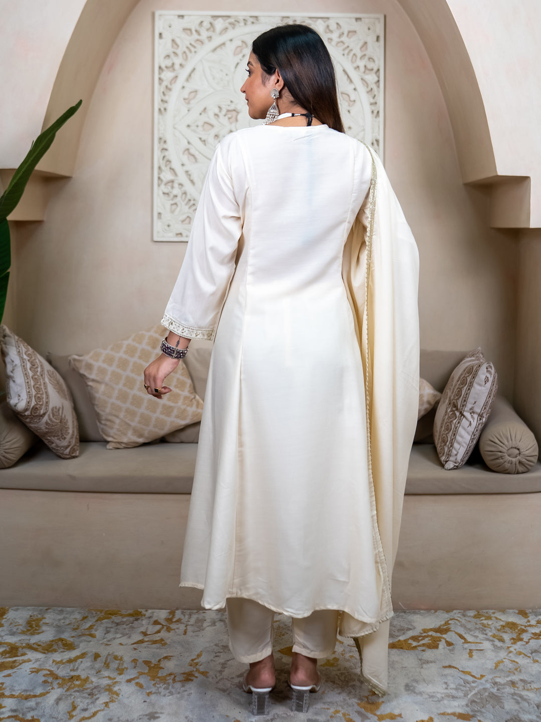 Mohar cream Anarkali Kurta and Pant Dupatta Set - FitVibe Fashion