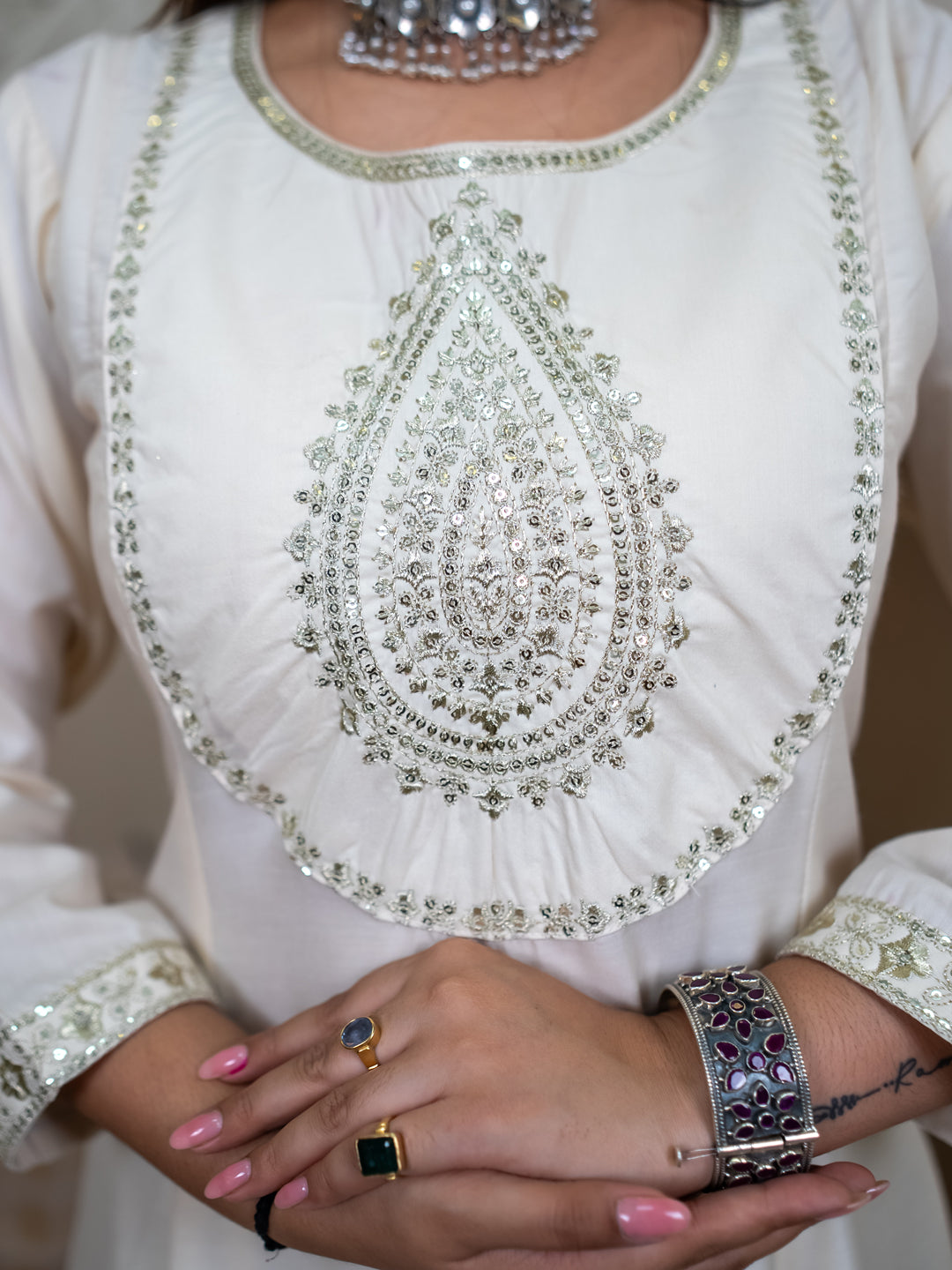 Mohar cream Anarkali Kurta and Pant Dupatta Set - FitVibe Fashion