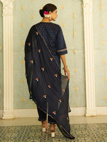 Myra Blue Embroidered Chanderi Silk Kurta Set with Embroidered Dupatta - FitVibe Fashion