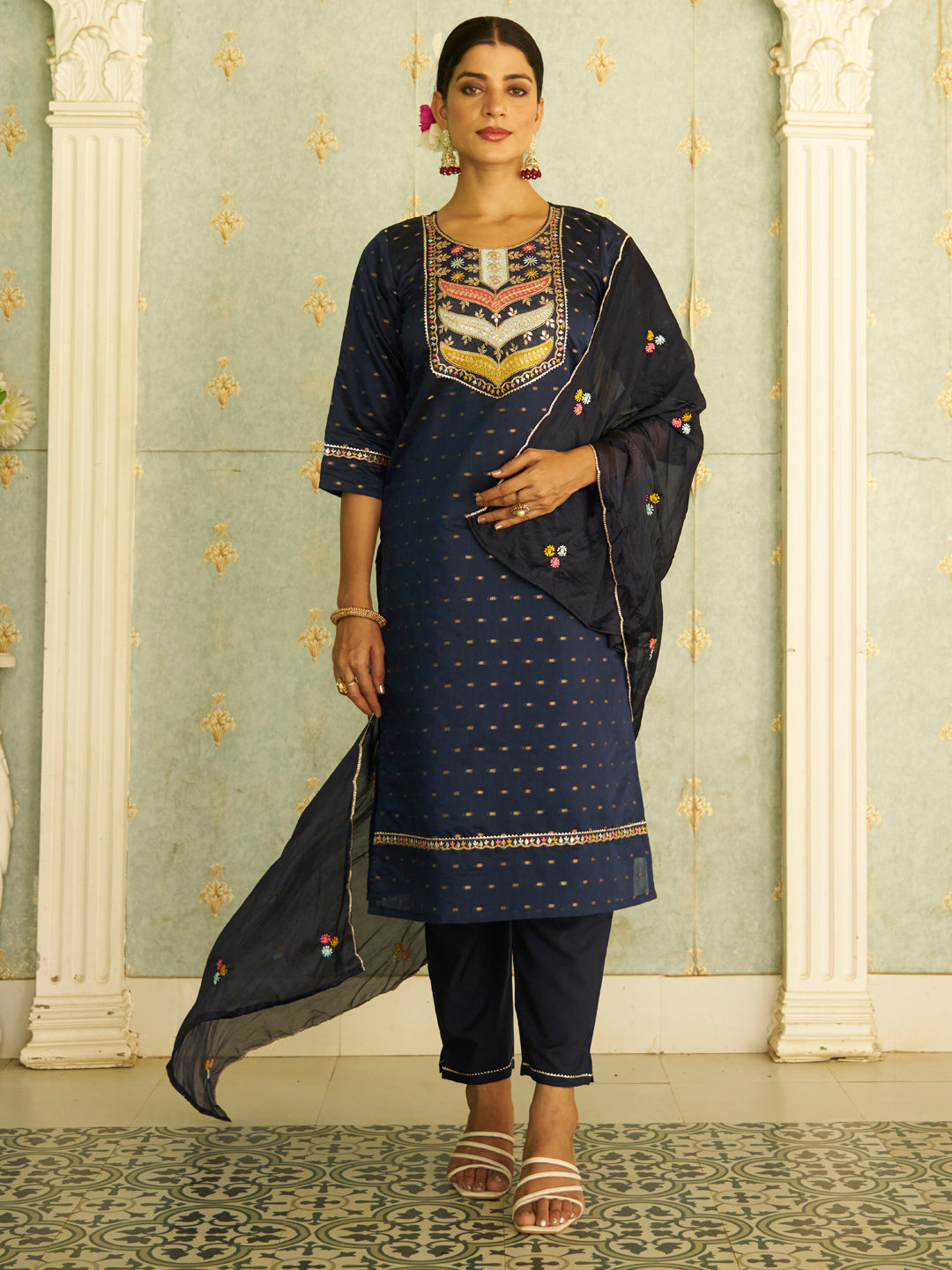 Myra Blue Embroidered Chanderi Silk Kurta Set with Embroidered Dupatta - FitVibe Fashion