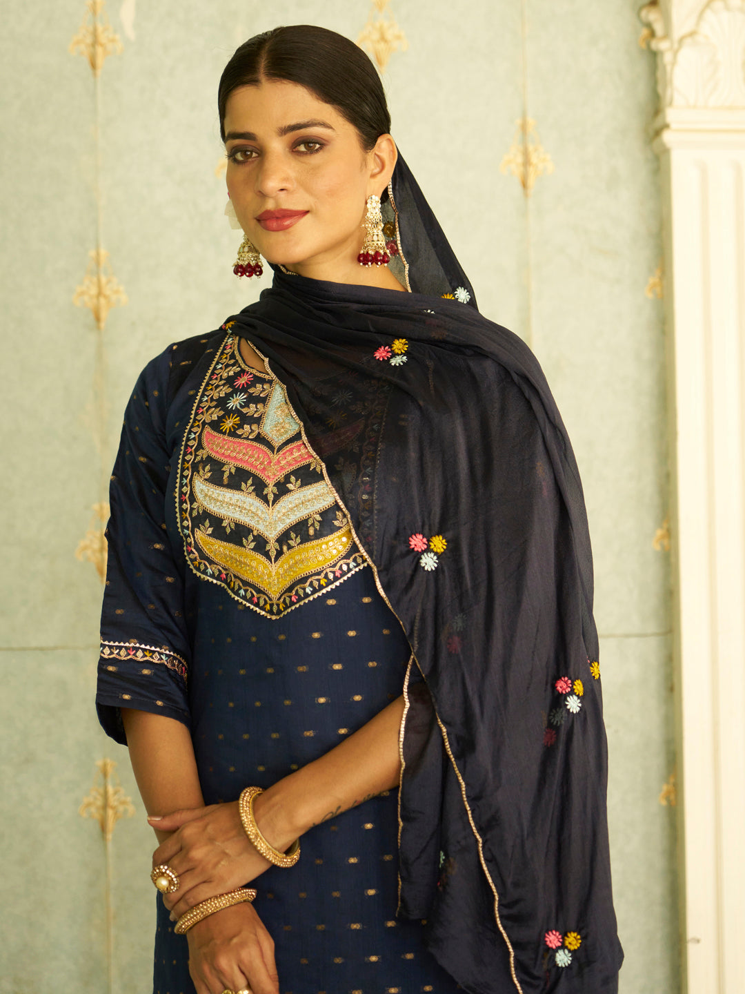 Myra Blue Embroidered Chanderi Silk Kurta Set with Embroidered Dupatta - FitVibe Fashion