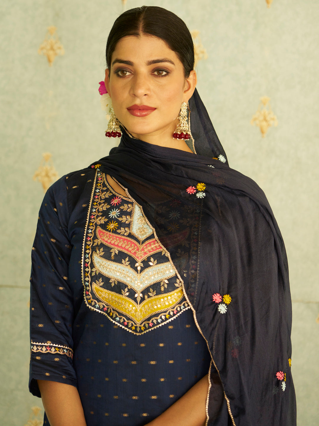 Myra Blue Embroidered Chanderi Silk Kurta Set with Embroidered Dupatta - FitVibe Fashion