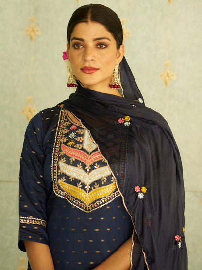 Myra Blue Embroidered Chanderi Silk Kurta Set with Embroidered Dupatta - FitVibe Fashion