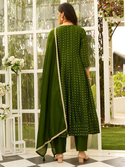 Inaaya Mehndi Embroidered Anarkali Kurta Set Suits with Silk Dupatta - FitVibe Fashion