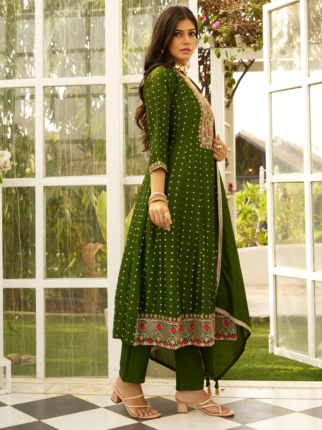Inaaya Mehndi Embroidered Anarkali Kurta Set Suits with Silk Dupatta - FitVibe Fashion