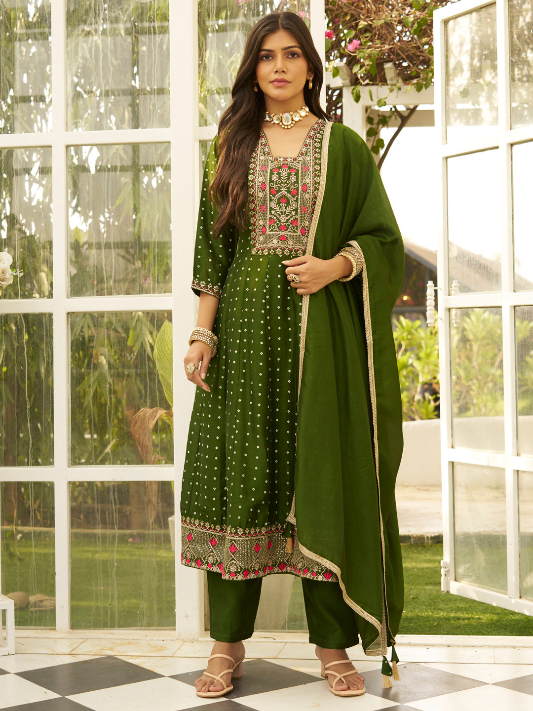 Inaaya Mehndi Embroidered Anarkali Kurta Set Suits with Silk Dupatta - FitVibe Fashion