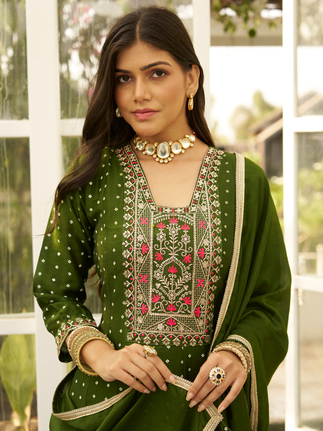 Inaaya Mehndi Embroidered Anarkali Kurta Set Suits with Silk Dupatta - FitVibe Fashion