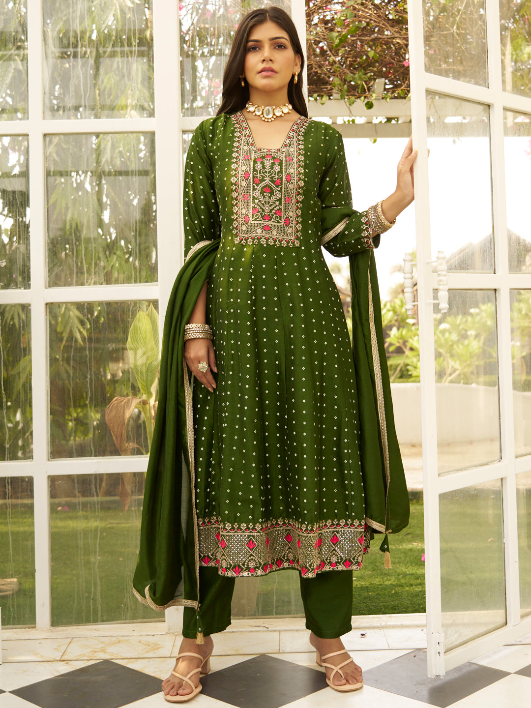 Inaaya Mehndi Embroidered Anarkali Kurta Set Suits with Silk Dupatta - FitVibe Fashion