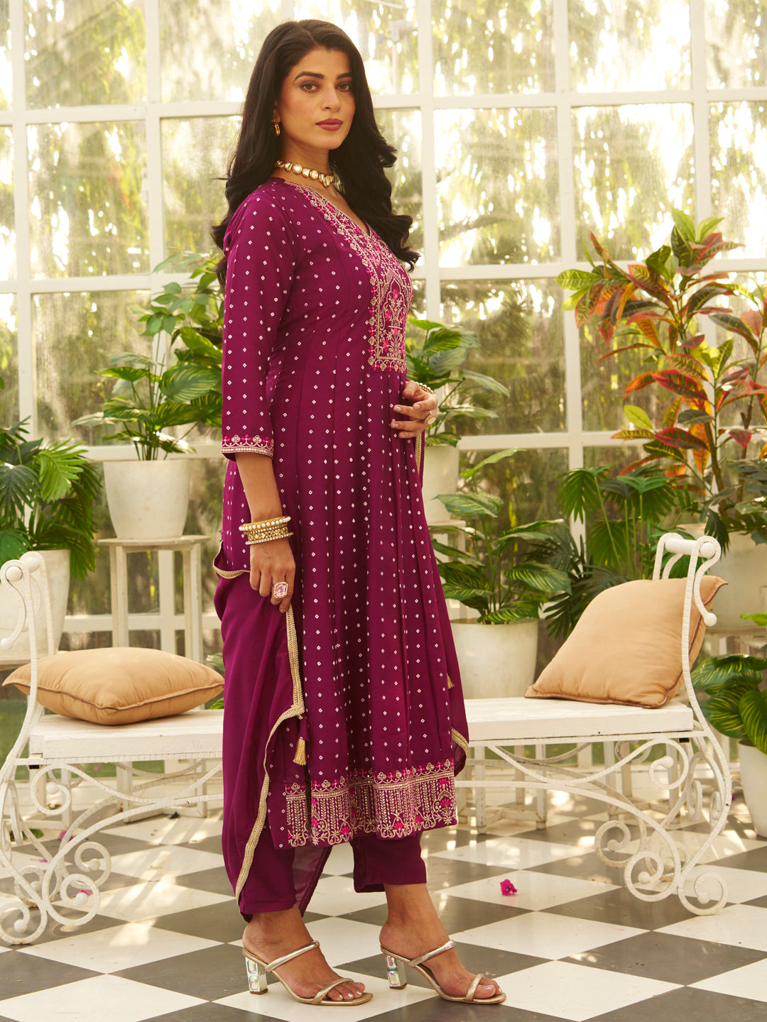 Inaaya Purple Embroidered Anarkali Kurta Set Suits with Silk Dupatta - FitVibe Fashion