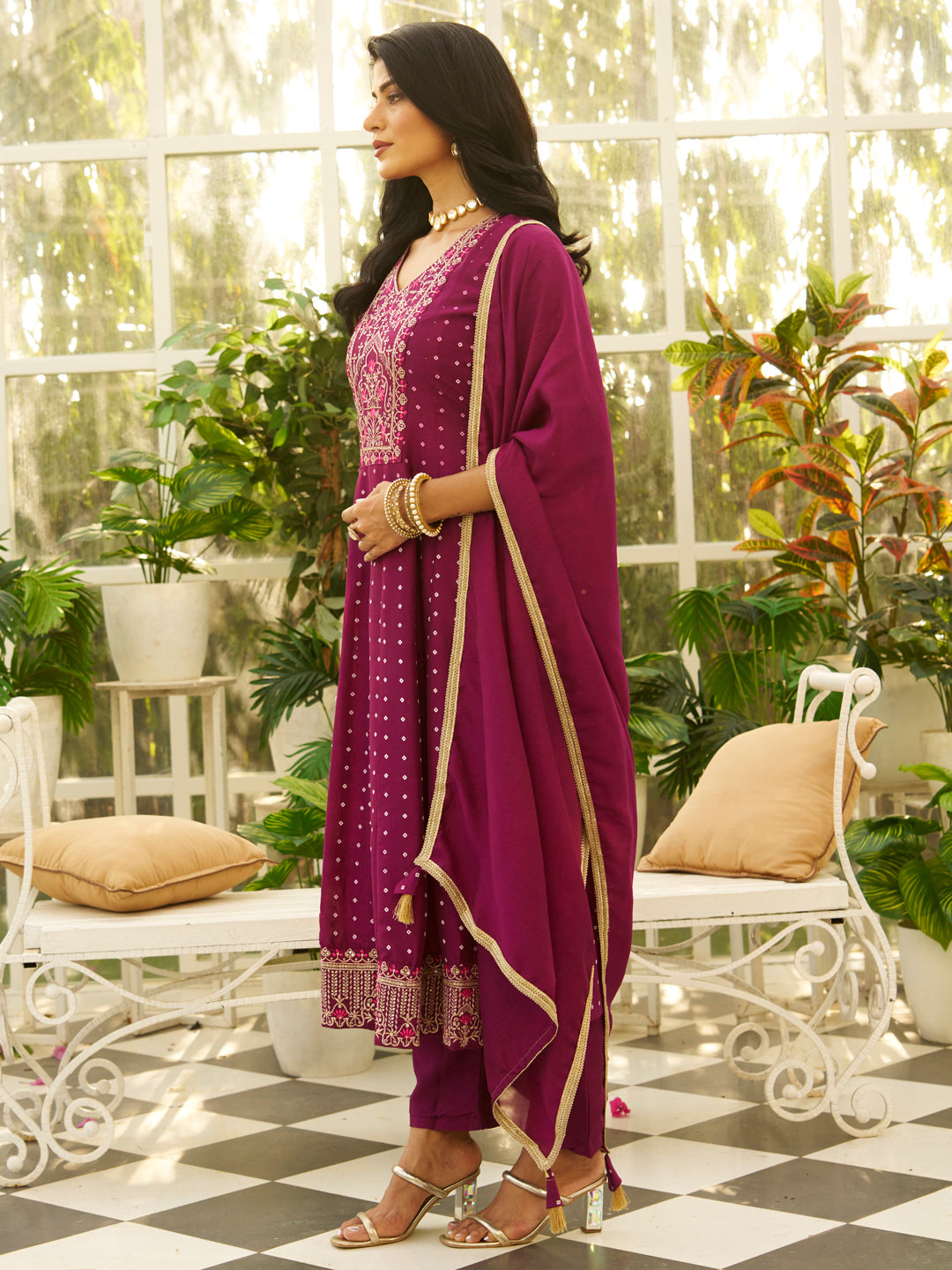 Inaaya Purple Embroidered Anarkali Kurta Set Suits with Silk Dupatta - FitVibe Fashion