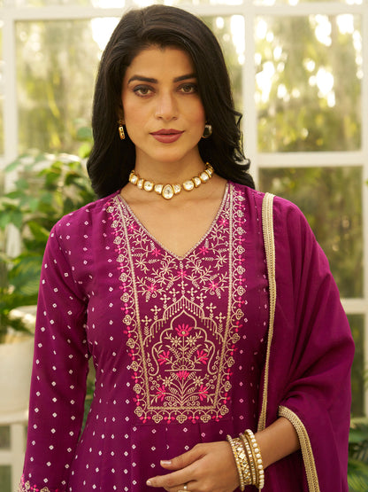 Inaaya Purple Embroidered Anarkali Kurta Set Suits with Silk Dupatta - FitVibe Fashion