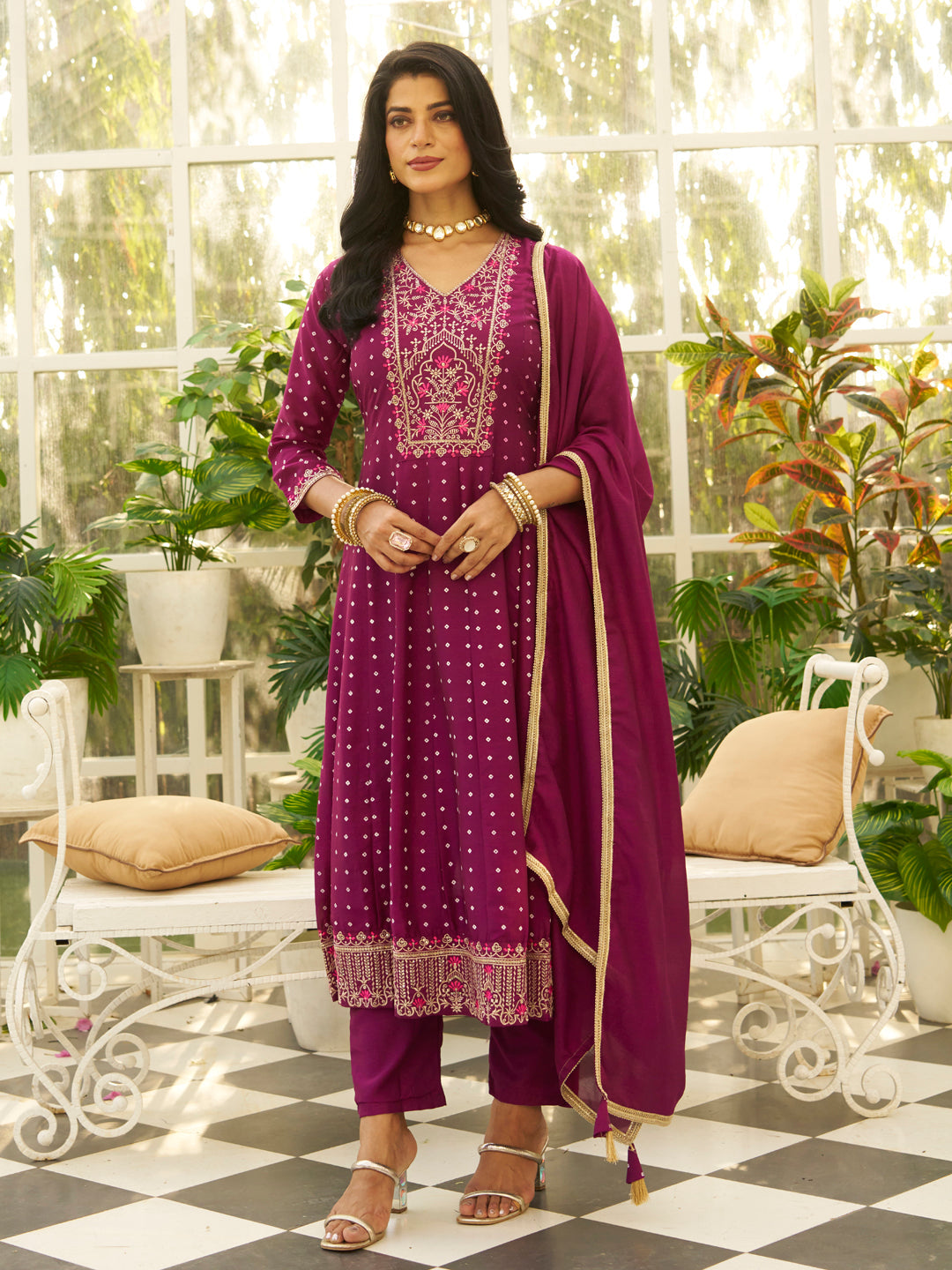 Inaaya Purple Embroidered Anarkali Kurta Set Suits with Silk Dupatta - FitVibe Fashion