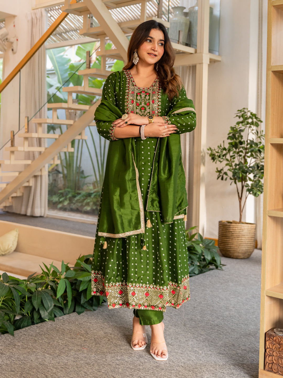 Vinita Silk Blend Anarkali Kurta Set Elegant Readymade Embroidered Fancy Neck Three Quarter Sleeves With Pant Dupatta Set - FitVibe Fashion