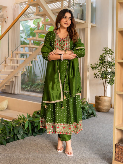 Vinita Silk Blend Anarkali Kurta Set Elegant Readymade Embroidered Fancy Neck Three Quarter Sleeves With Pant Dupatta Set - FitVibe Fashion