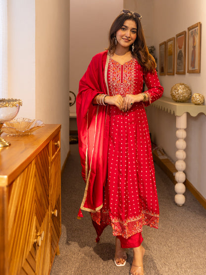 Vinita Silk Blend Anarkali Kurta Set Elegant Readymade Embroidered Fancy Neck Three Quarter Sleeves With Pant Dupatta Set - FitVibe Fashion