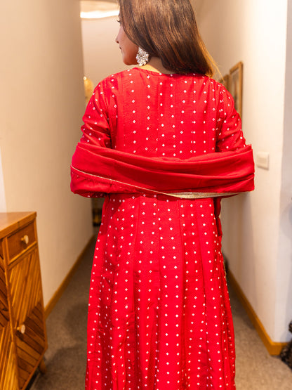 Vinita Silk Blend Anarkali Kurta Set Elegant Readymade Embroidered Fancy Neck Three Quarter Sleeves With Pant Dupatta Set - FitVibe Fashion