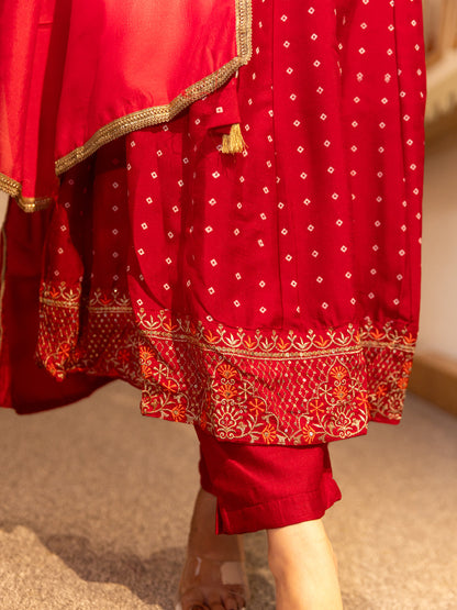 Vinita Silk Blend Anarkali Kurta Set Elegant Readymade Embroidered Fancy Neck Three Quarter Sleeves With Pant Dupatta Set - FitVibe Fashion