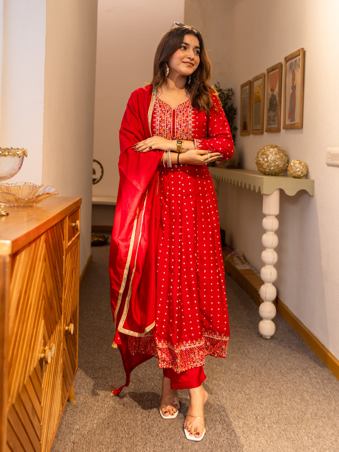 Vinita Silk Blend Anarkali Kurta Set Elegant Readymade Embroidered Fancy Neck Three Quarter Sleeves With Pant Dupatta Set - FitVibe Fashion