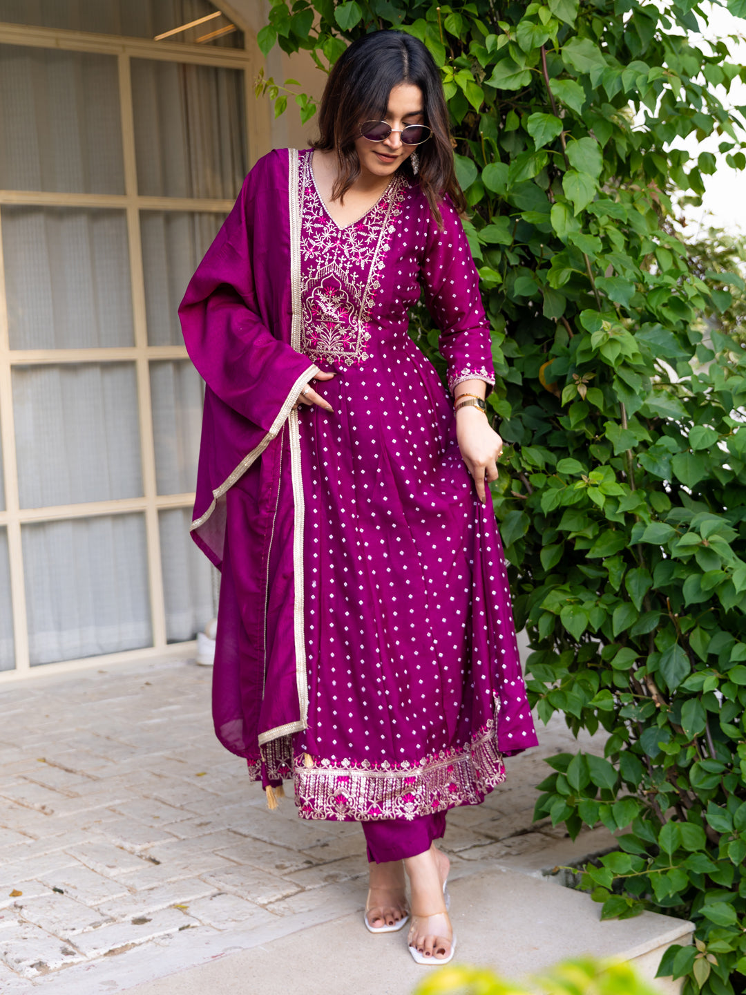 Vinita Silk Blend Anarkali Kurta Set Elegant Readymade Embroidered Fancy Neck Three Quarter Sleeves With Pant Dupatta Set - FitVibe Fashion